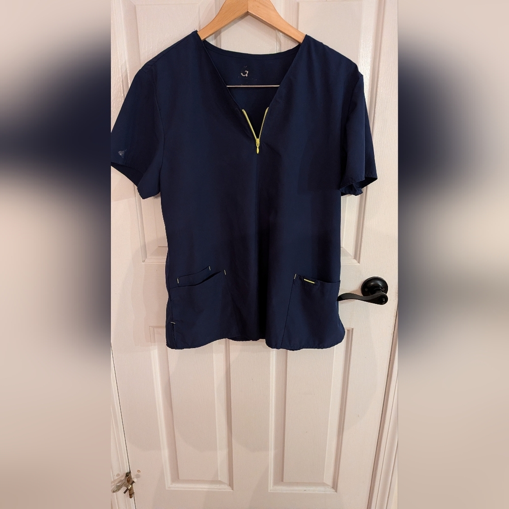 Navy Blue Zip-Up Top with Yellow Accents